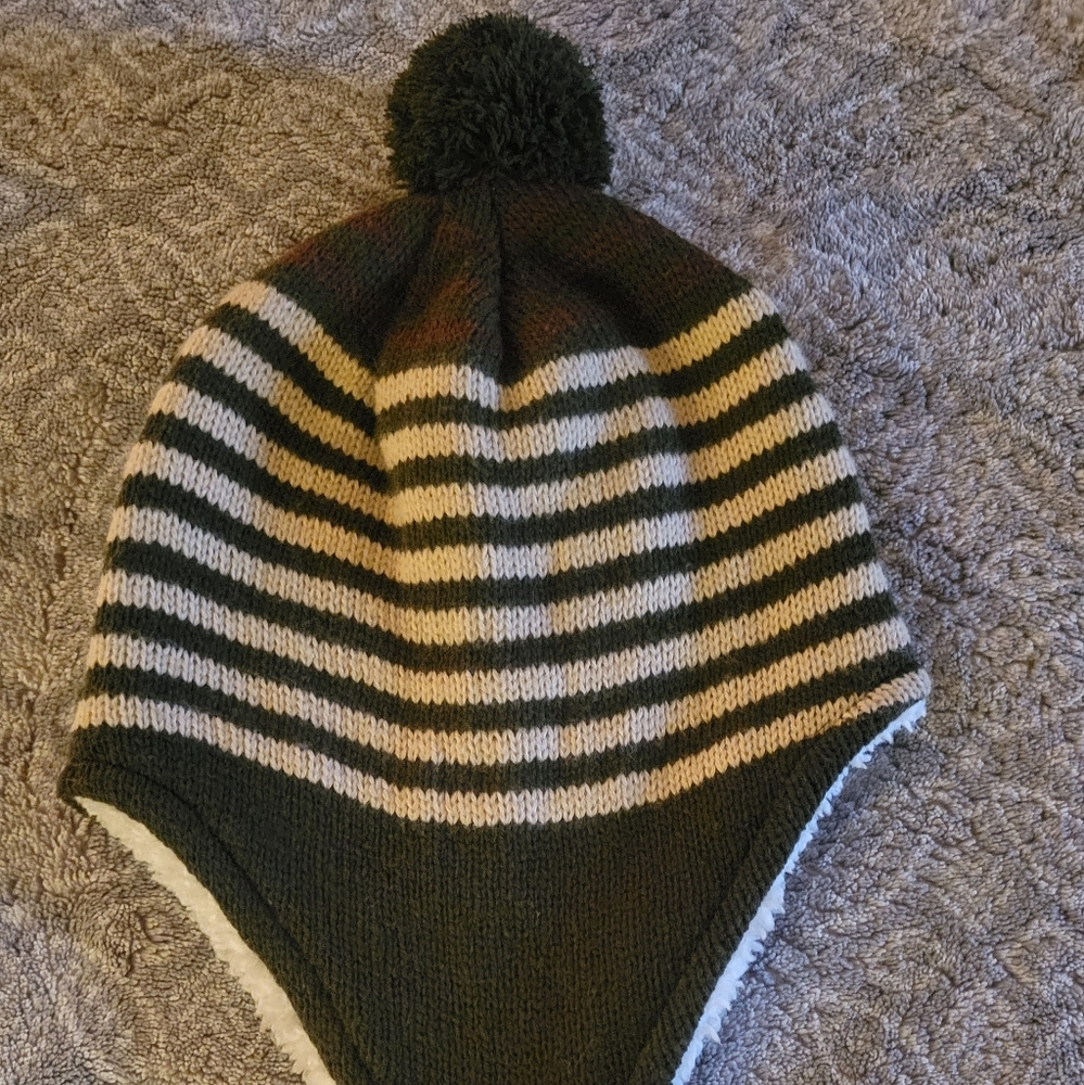 Green Beanie with cream stripes